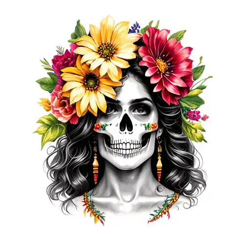 Mexican Woman Half Head Of Death Flower