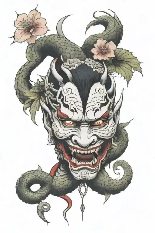 Hannya Face Under A Japanese Flower With A Snake Below The Face