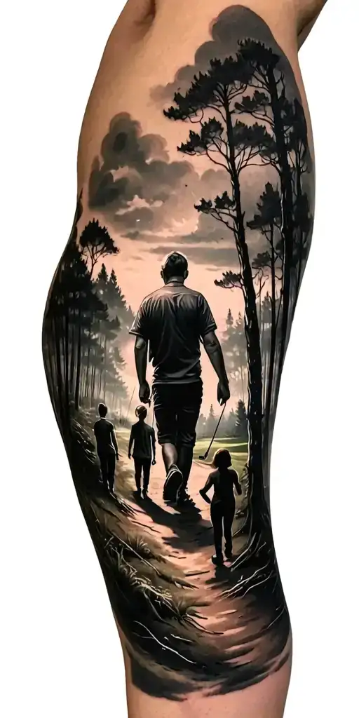 Creepy Forest Scene With Black Sky With Family Walking And Golf Course