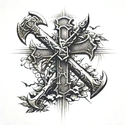 Religious Cross In Sunlight With Two Battle Axes Laying On The Ground