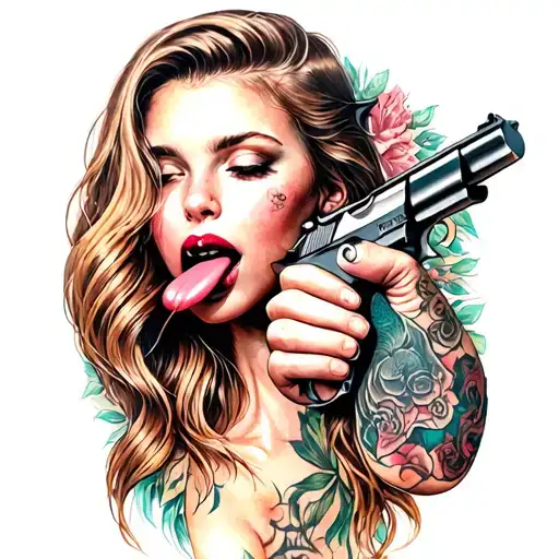 A Pretty Girl Licking A Gun With Her Tongue