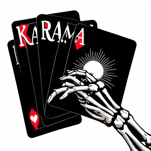 Skeleton Hand Holding Cards That Spell Out Karama With Sunshine Rays
