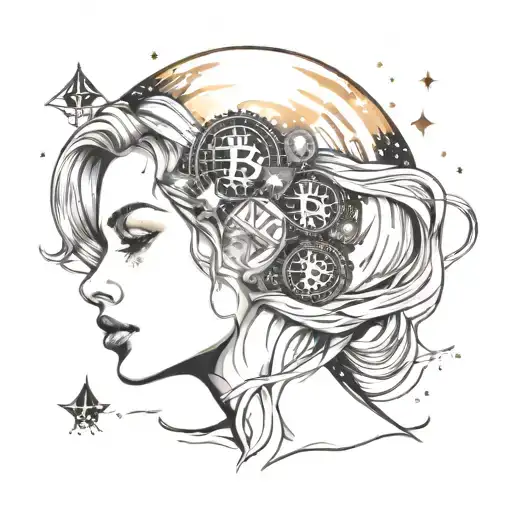 Beautiful Woman Face With Head Filled With Bitcoin And With Galaxy Background