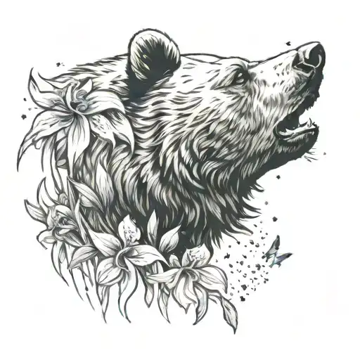 Bear Head Profile With Iris Flowers With Stars