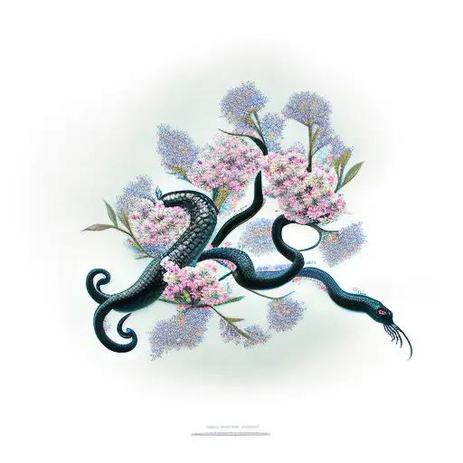 Blu Cherry Blossoms With A Black Snake Wrapped Around Them