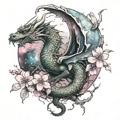 A Dragon Wrapped Around A Cherry Blossom Tree With A Galaxy Background