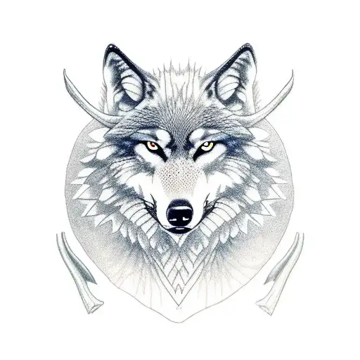 Wolf In Between Deer Antlers