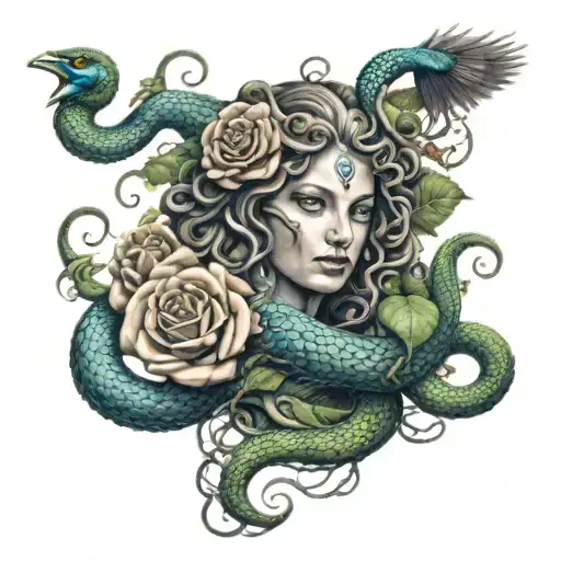Medusa Portrayed With Peacock Snakes Wrapped Around Roses