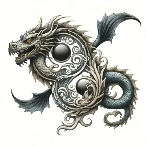 Yin Yang Symbol Intertwined Dragon And Fish Swimming Gracefully