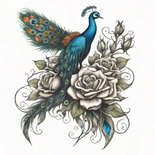 Tim Burton Style Peacock With Roses Blooming