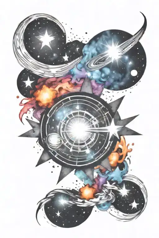 Universe Tattoo With A Background Resembling Brush Strokes And Colorful Stars