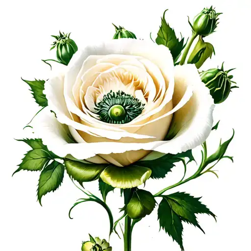 White Rose And Green Poppy Flower Blooming