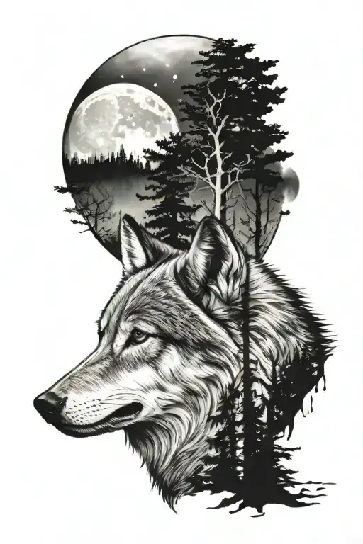 Wolf And Forest Trees Looking With Moon Surrounded