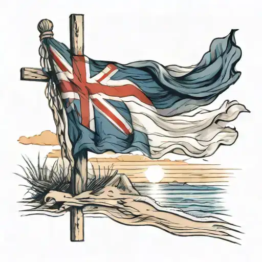 Drapped Flag On Cross At The Beach With Sunset