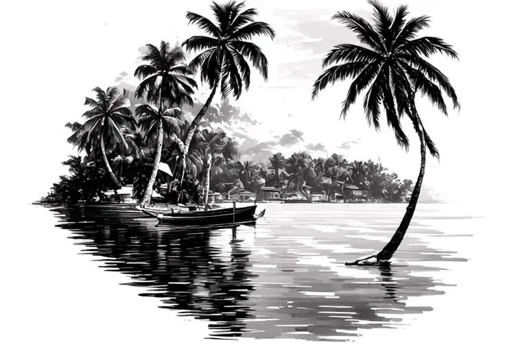 Detailed Full Rectangular Scene Of A Bay With Palm Trees Black And White