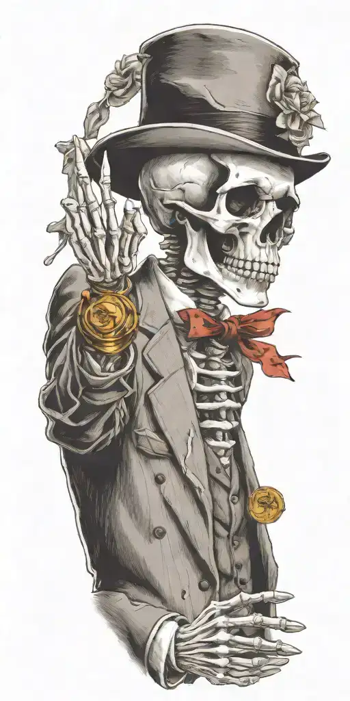 Skeleton Wearing Fadora Rim Hat And Suit Throwing Coin