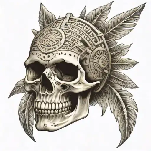 Aztect Skull With Aztect Sun Above It With Aztec Patterns