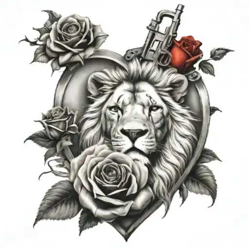 Roses And Lion With Tommy Gun And Ruby Diamond In A Heart Case