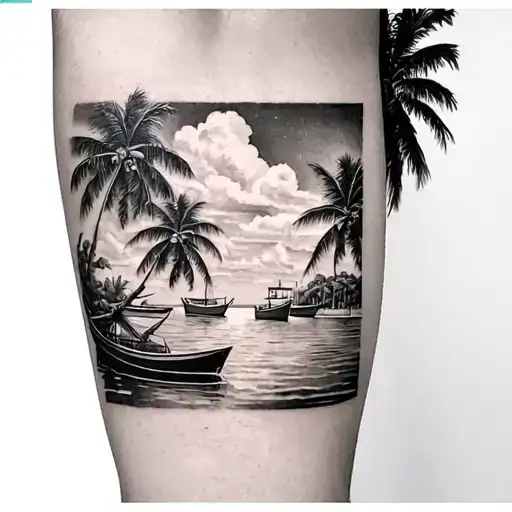Full Rectangular Scene Of A Bay With Palm Trees Black And White