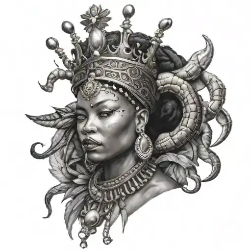 Black African Queen With Scorpion Head Dress Holding A Crown