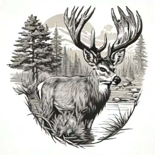 Mule Deer With Trees And A Pond