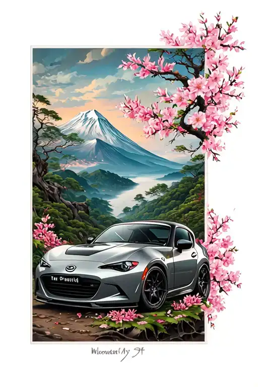 Tattoo Sleeve With My My Miata With A Mountain Backround With Sakura Flowers And Wind Filler