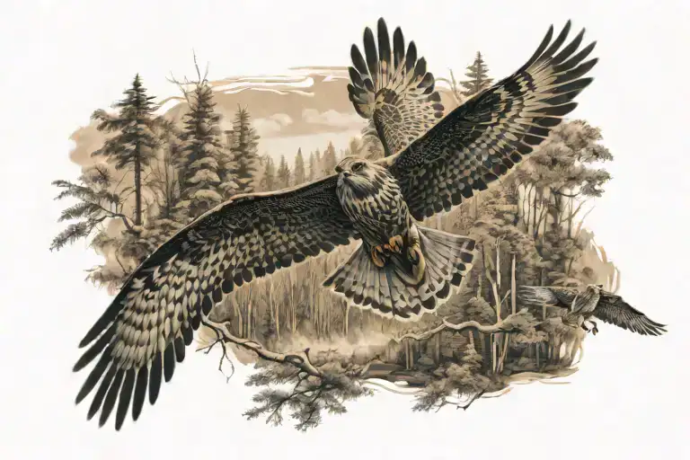 Falcon Flying Over A Forest With 3 Women Walking Holding Hands