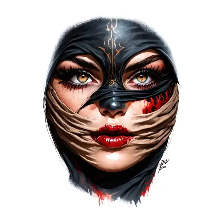 Woman Eyes Face Covered Sexy Assassin With A Scary Background