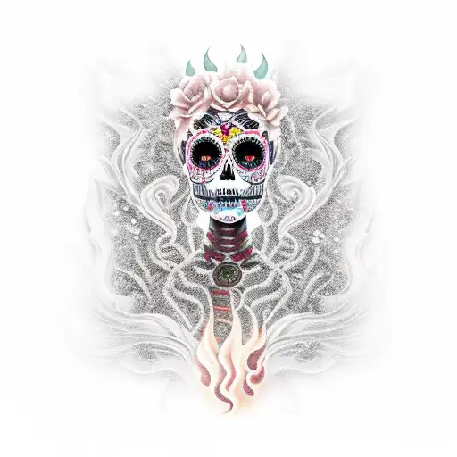 Day Of The Dead Girl With Flames And Chinese Background