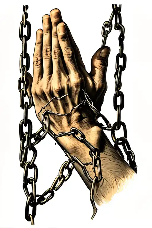 Hands Praying With Broken Chains Representing The Faith To Get Out Of Ties