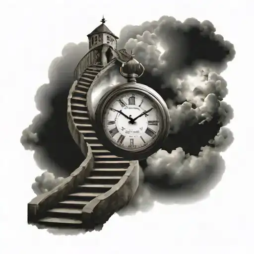 Clock With Stairs Going Down And Clouds Surrounding
