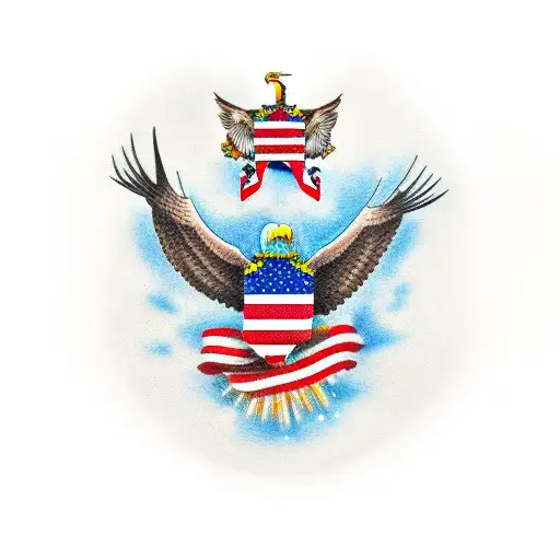 Bald Eagle Holding And Ordanance Bomb And A Us Army Crest With An American Flag Behind It