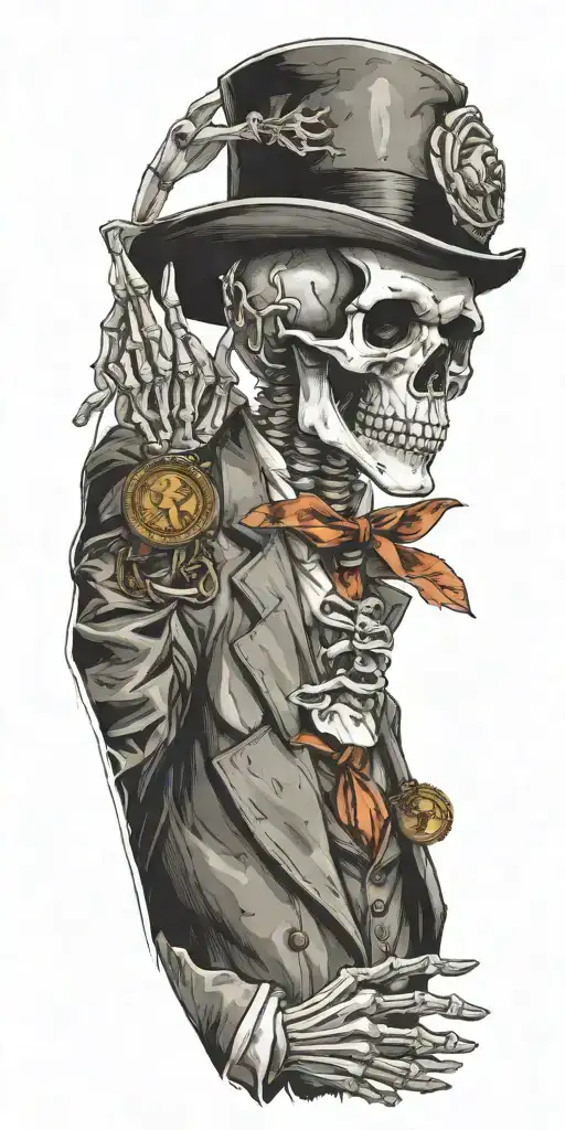Skeleton Wearing Fadora Rim Hat And Suit Throwing Coin