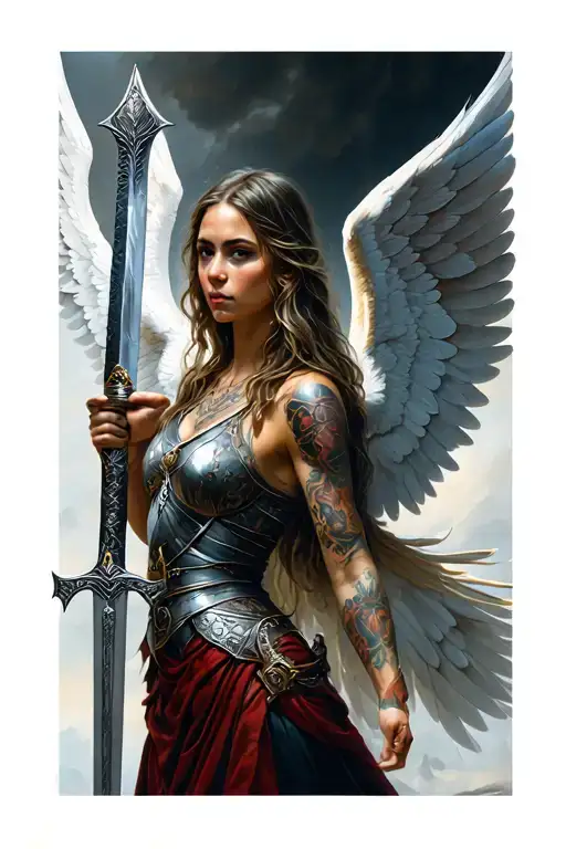 Female Angelic Warrior Holding Sword With Full Wings