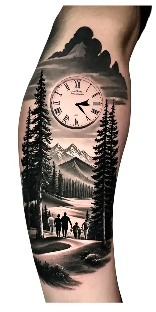Pine Forest Mountain Scene And Family On Golf Course And Ansel Adams And Clock