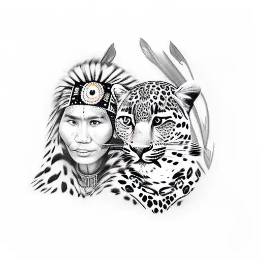 Indigenous Woman With A Leopard Next To Her In The Forest