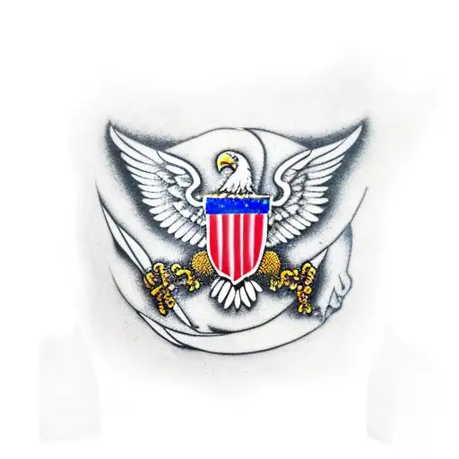 American Flag Behind And Eagle Holding And Ordanance Bomb And A Us Army Crest