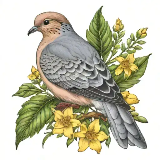 Mourning Dove With Marigold Daffodil Lily Of The Valley