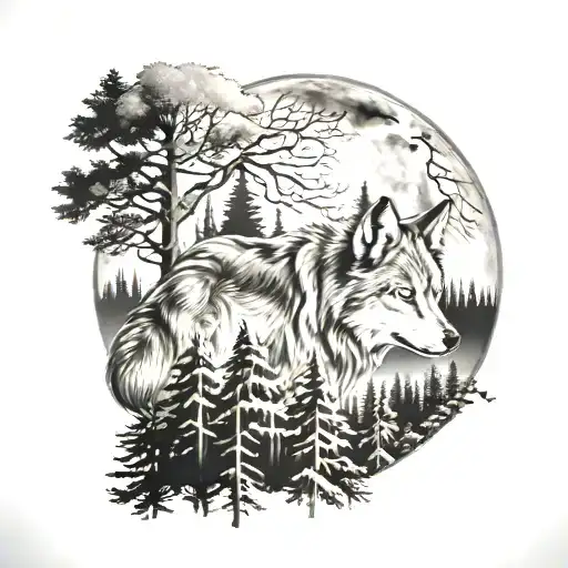 Forest Trees With Wolf And Moon Merging Together