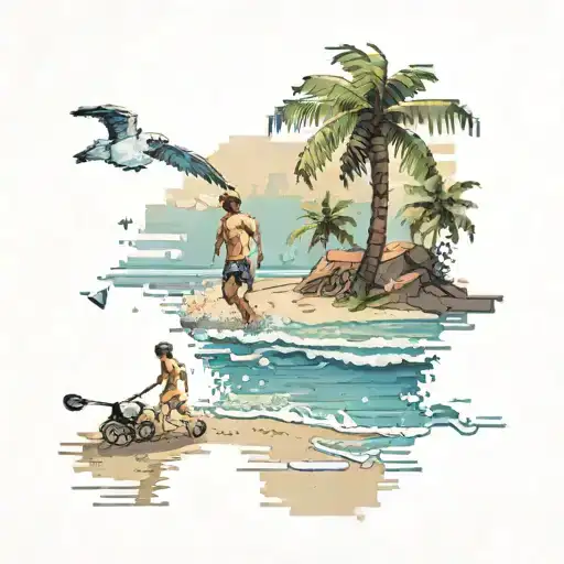 A Pixelated Beach Scene With Video Game Characters Playing Sports