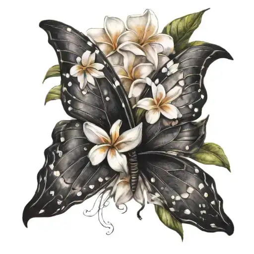 Dark Butterfly With White Plumeria Flowers For Wings
