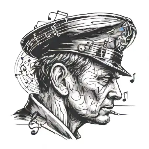 A Realistic Portrait Of A Conductor With A Halo Of Music Notes Floating Above Their Head