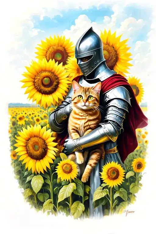 Painting Style Of A Knight Holding A Cat In A Sunflower Field