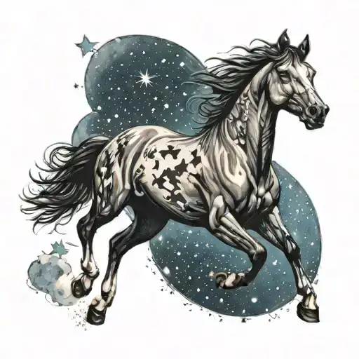 A Tattoo Featuring A Horse Galloping Under A Night Sky Filled With Stars