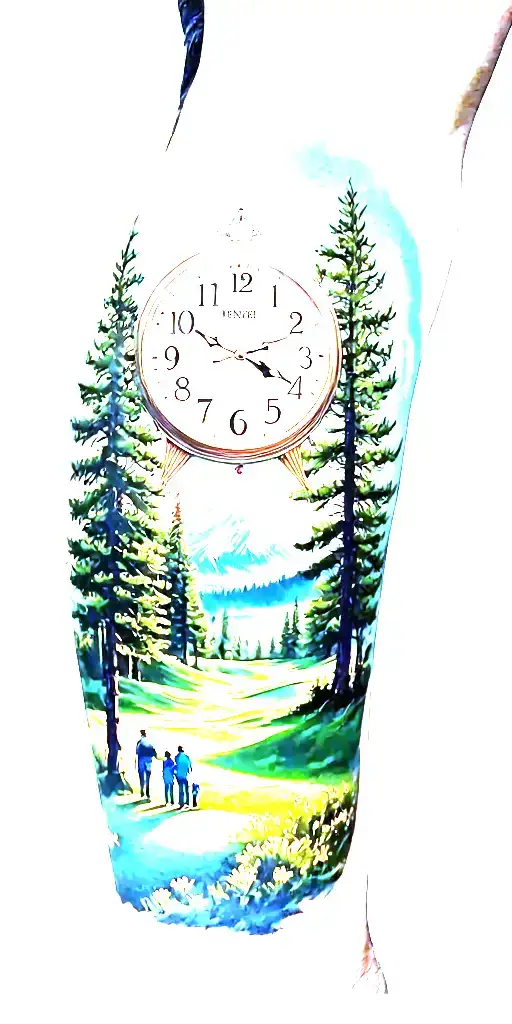 Pine Forest Mountain Scene And Family On Golf Course And Ansel Adams And Sun Clock