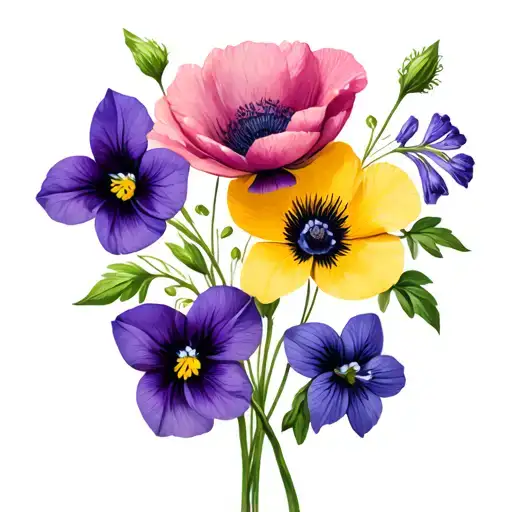 Floral Arrangement With Wood Violets Poppy Flowers Columbines