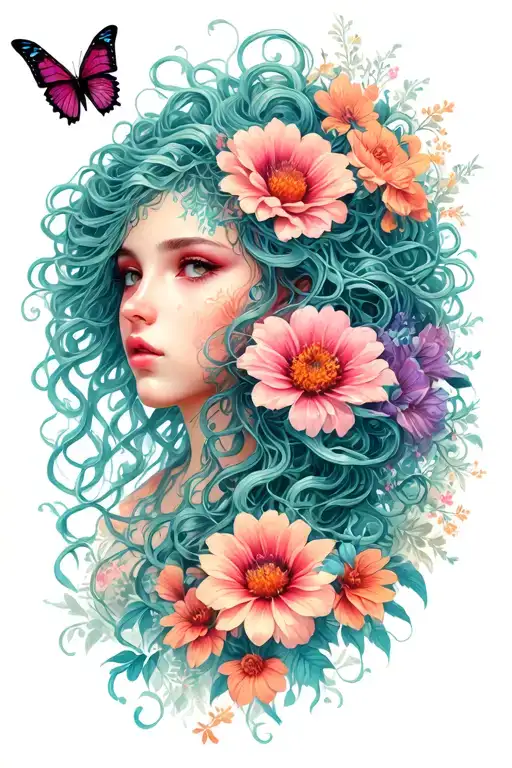 Medusa With Flowers Ang Butterflies