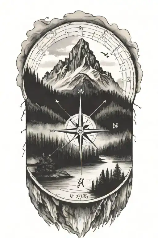 Inner Forearm Small A Compass With Mountains And Trees Surrounding It And Coordinates