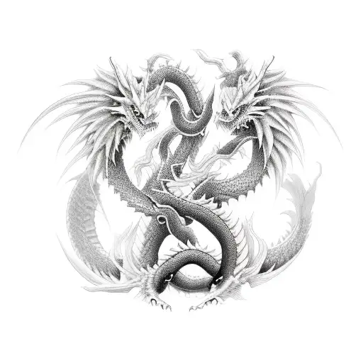 Two Black And White Japanese Dragons Entwined Around Each Other