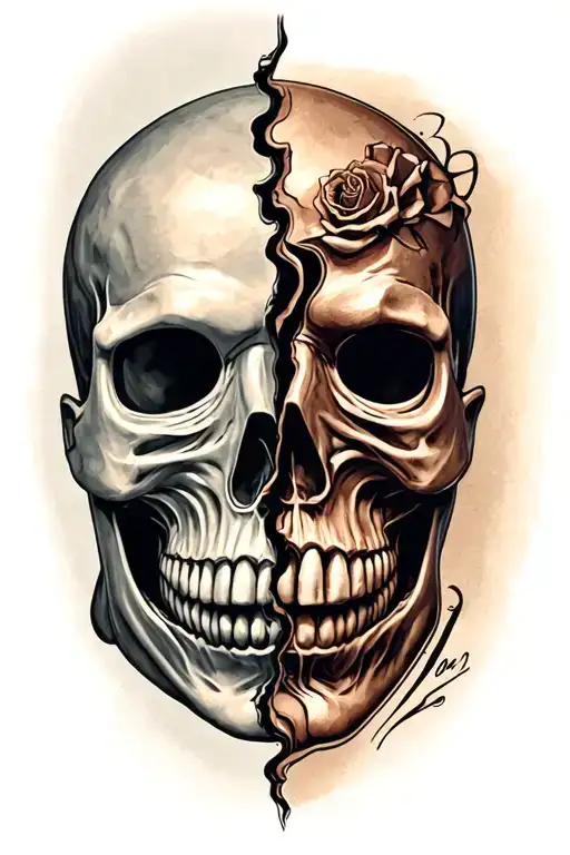 Comedy And Tragedy Mask Split In Half With Skull Behind It